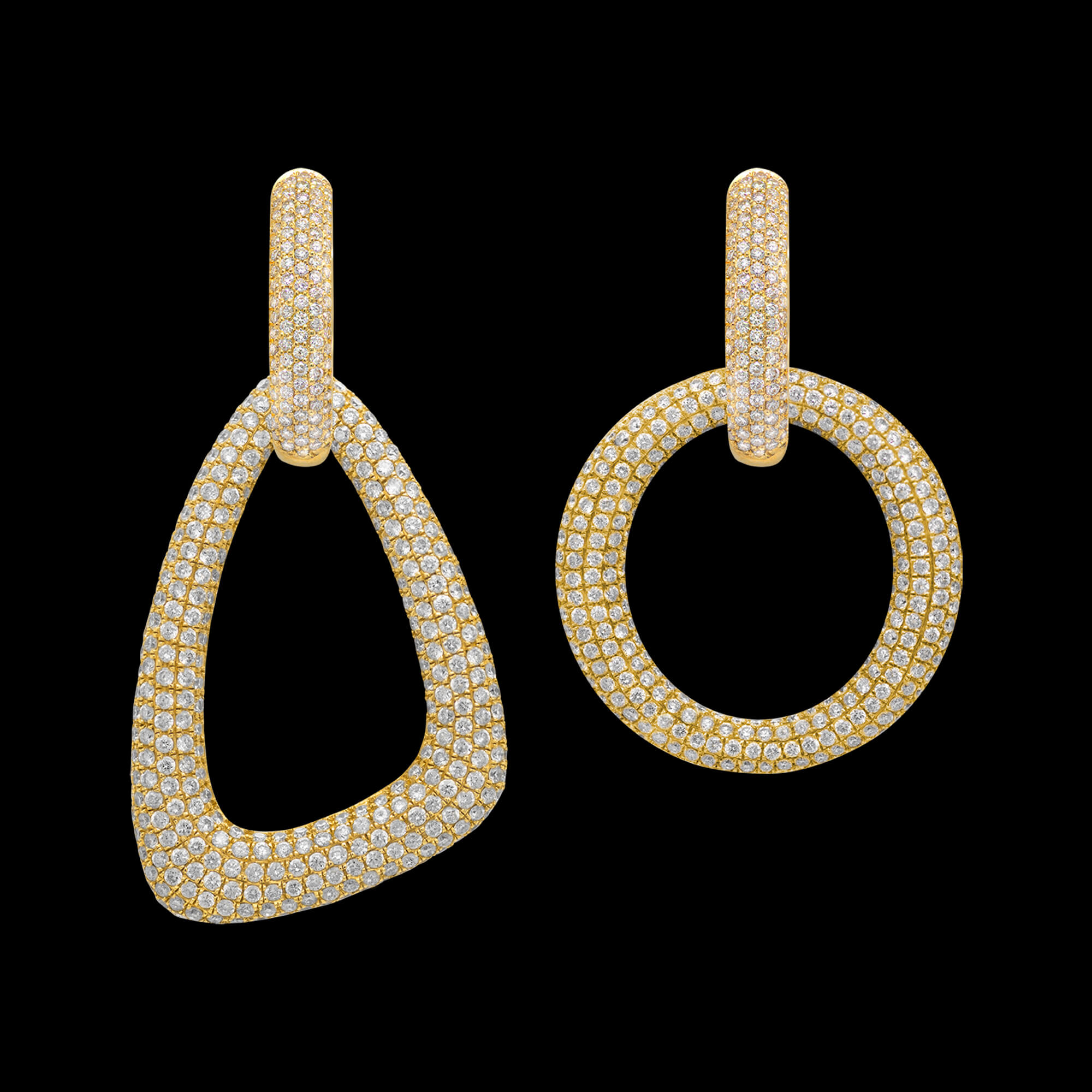 Custom 18kt yellow gold detachable diamond hoops with asymmetrical diamond drop earrings. FRIDA | Fine Jewellery.