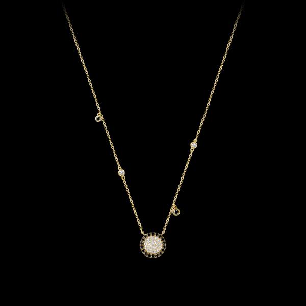 Custom 18kt yellow gold floating disk necklace with white and black diamonds. FRIDA | Fine Jewellery.