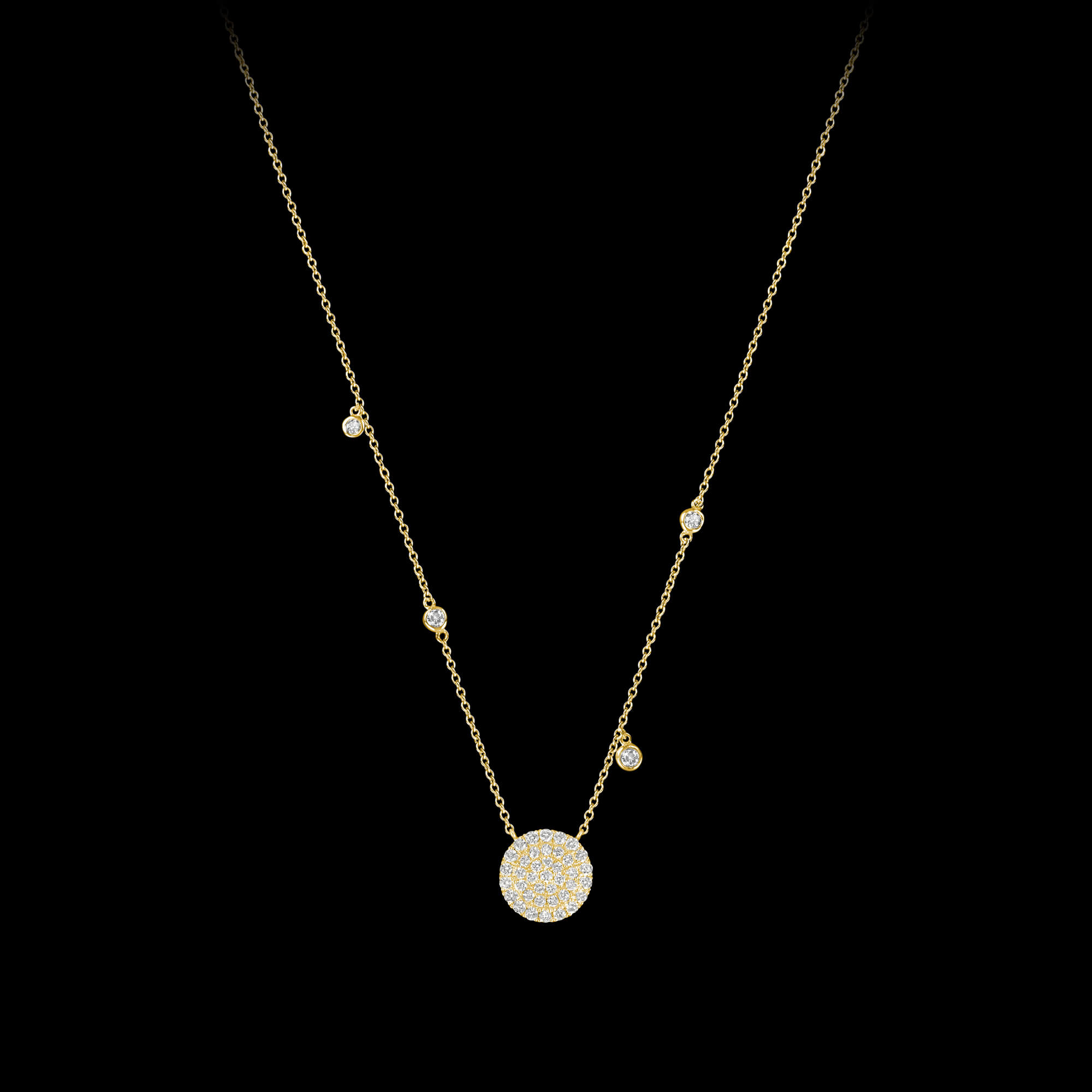 Custom 18kt yellow gold floating disk necklace with white diamonds. FRIDA | Fine Jewellery.