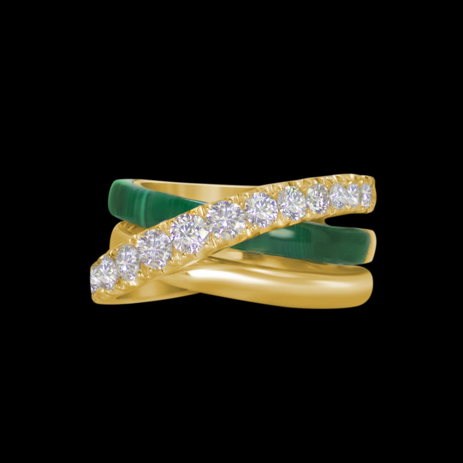 Custom 18kt yellow gold wrap ring with malachite and diamonds. Front. FRIDA | Fine Jewellery.