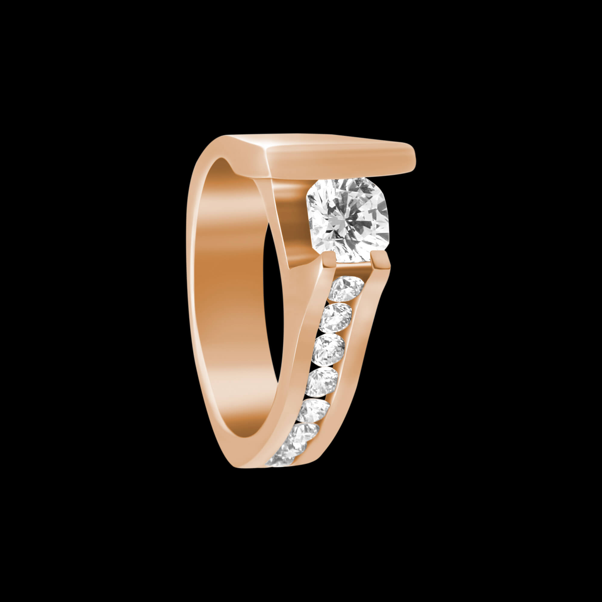 Custom 18kt pink gold asymmetric solitaire engagement ring with brilliant-cut diamonds. FRIDA | Fine Jewellery.