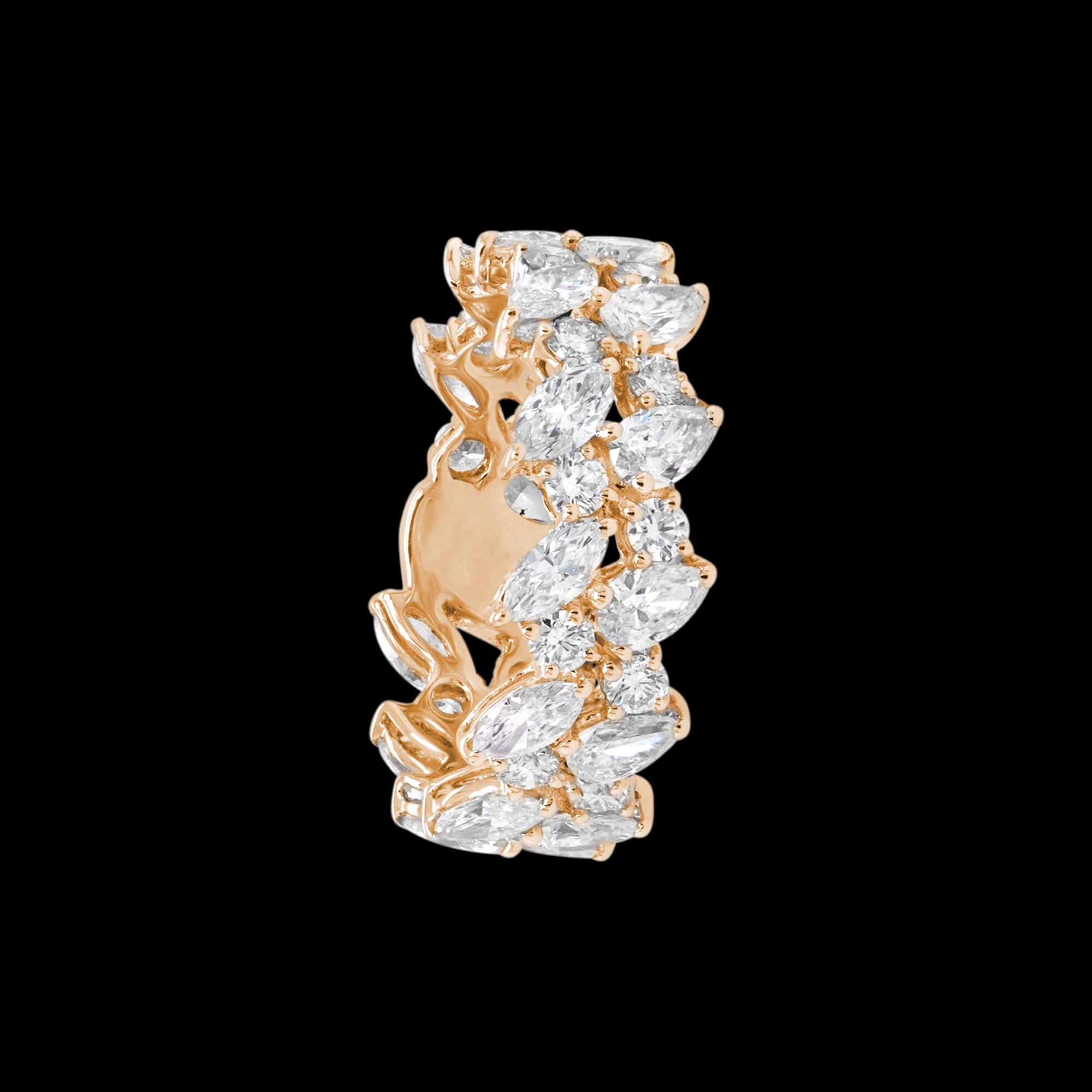Custom 18kt pink gold double band ring with round and marquise diamonds. Side. FRIDA | Fine Jewellery.