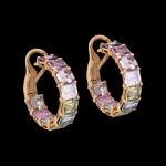 Custom 18kt pink gold huggie earrings with multi-coloured sapphires. FRIDA | Fine Jewellery.