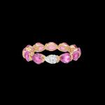 Custom 18kt pink gold ring with pear-shaped pink sapphires and single diamond. Front. FRIDA | Fine Jewellery.