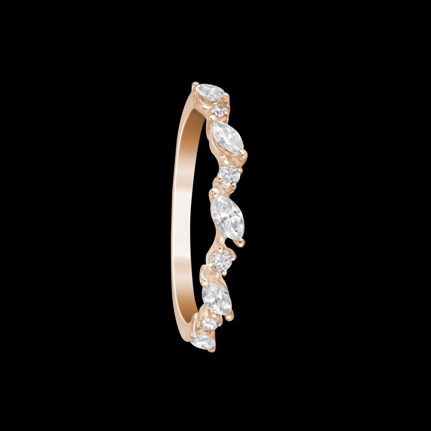 Custom 18kt pink gold vine wedding band ring with marquise and round diamonds. FRIDA | Fine Jewellery.