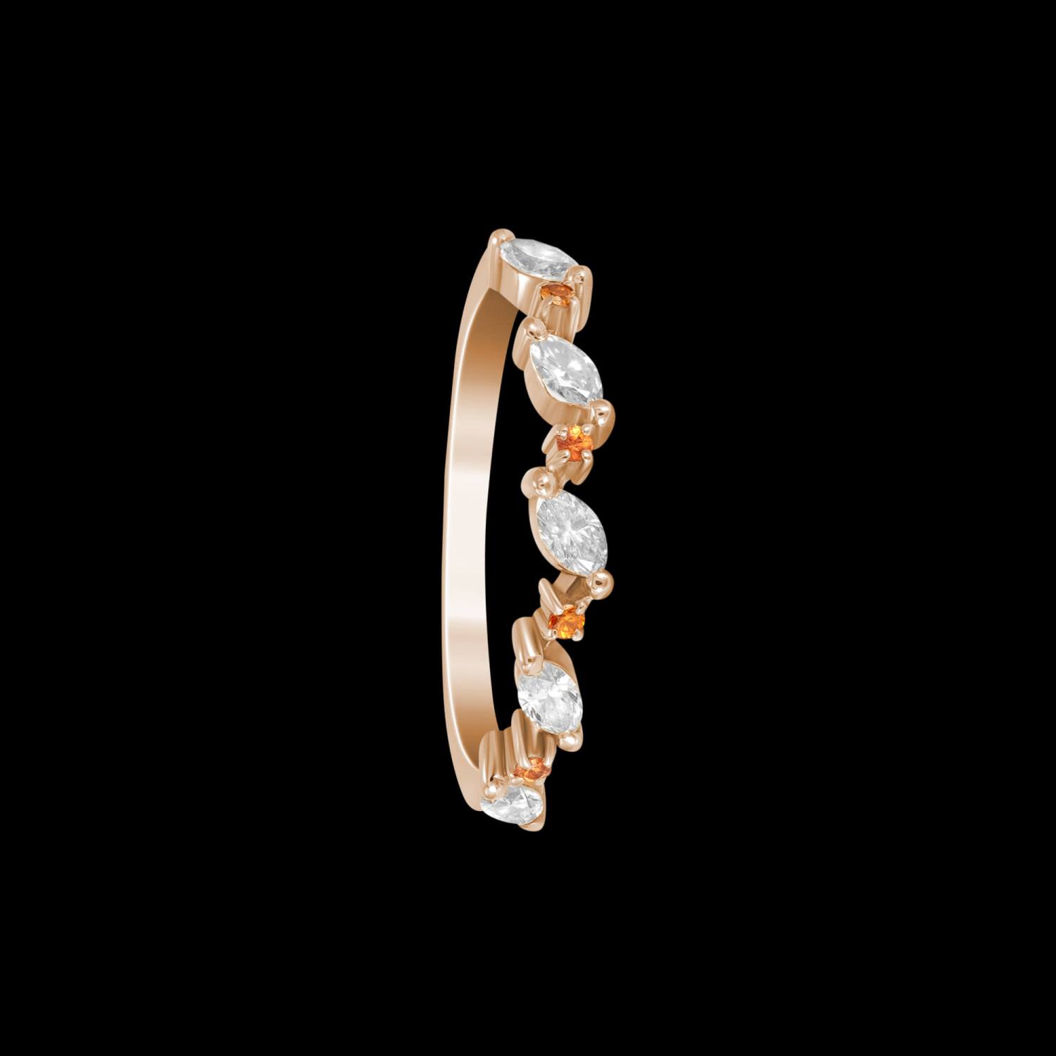 Custom 18kt pink gold vine wedding band ring with marquise diamonds and peach sapphires. FRIDA | Fine Jewellery.