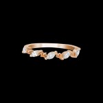 Custom 18kt pink gold vine wedding band ring with marquise diamonds and peach sapphires. Front. FRIDA | Fine Jewellery.