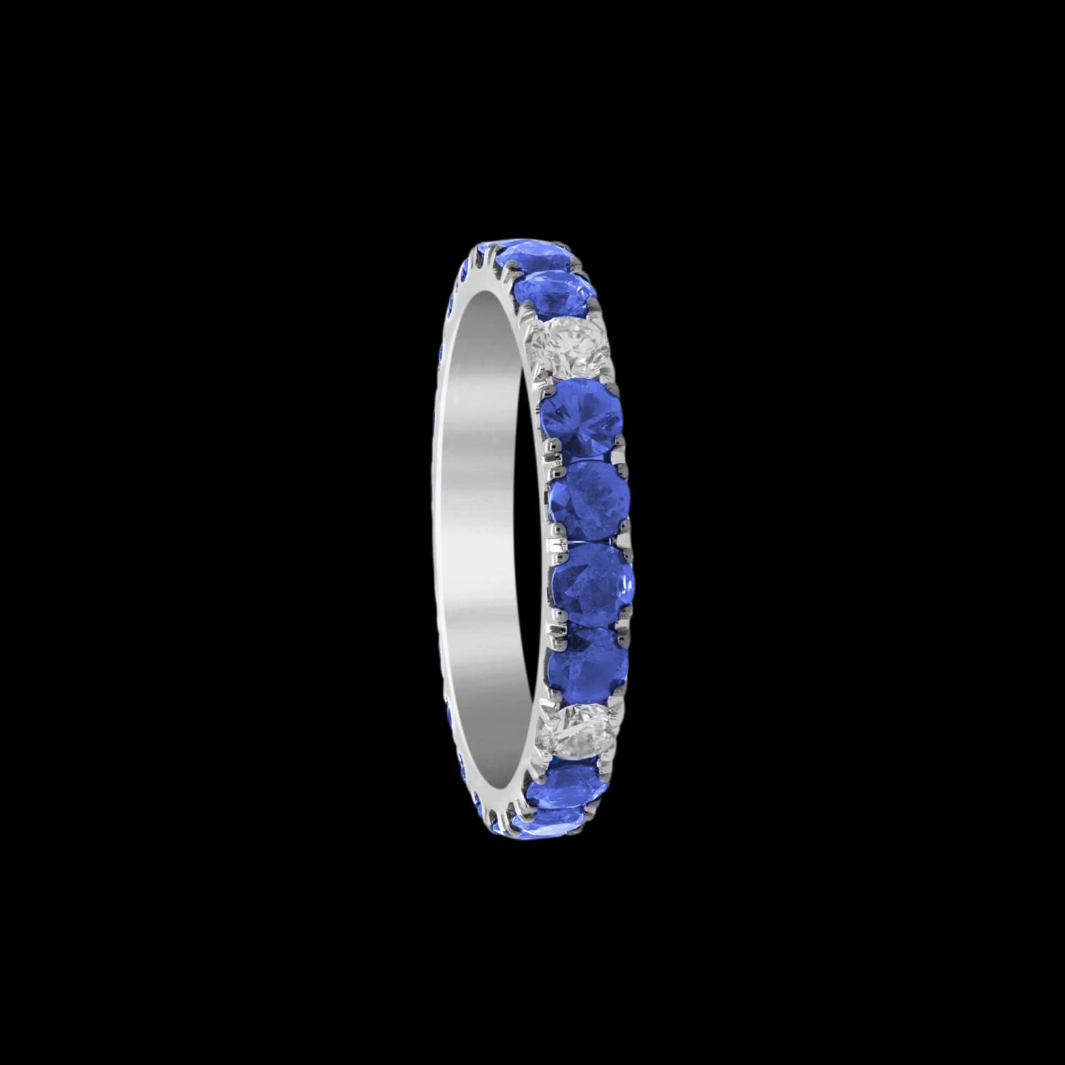 Custom 18kt white gold band ring with diamonds and blue sapphires set in black rhodium. FRIDA Fine Jewellery.