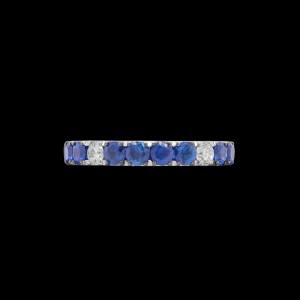 Custom 18kt white gold band ring with diamonds and blue sapphires set in black rhodium. Front 1. FRIDA Fine Jewellery