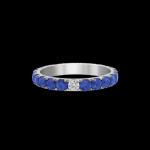 Custom 18kt white gold band ring with diamonds and blue sapphires set in black rhodium. Front. FRIDA Fine Jewellery.