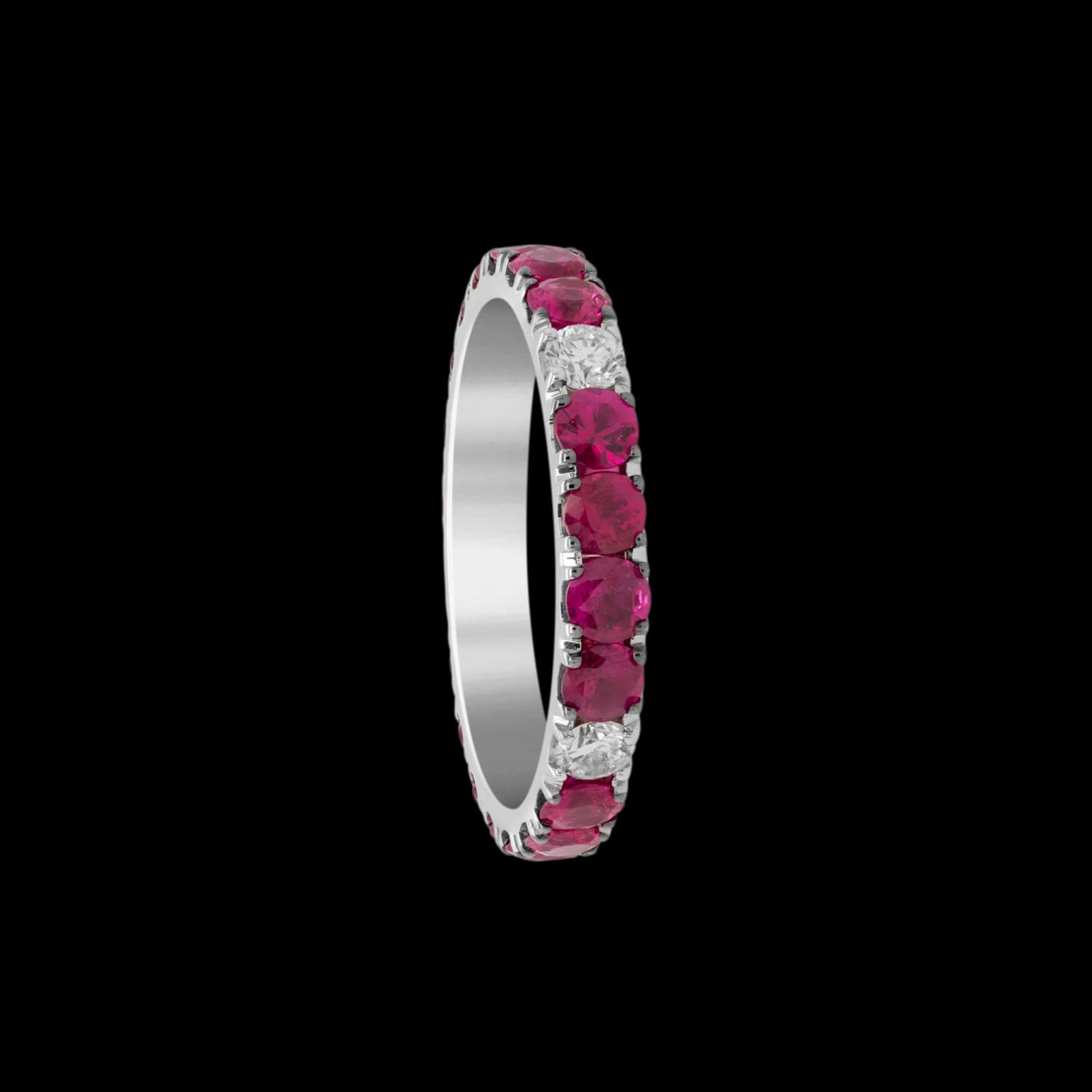 Custom 18kt white gold band ring with diamonds and rubies set in black rhodium. FRIDA Fine Jewellery.