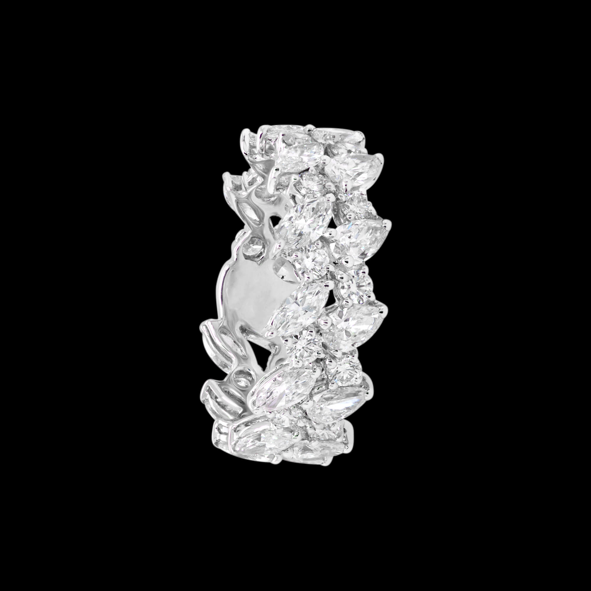 Custom 18kt white gold double band ring with round and marquise diamonds. Side. FRIDA | Fine Jewellery.