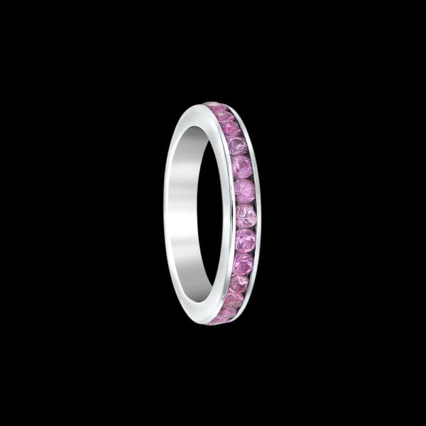 Custom 18kt white gold eternity wedding band ring with pink sapphires. FRIDA | Fine Jewellery.