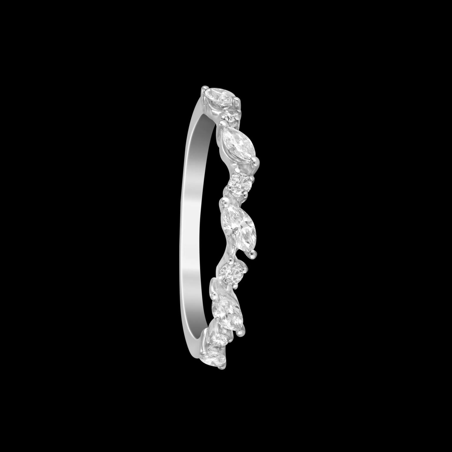 Custom 18kt white gold vine wedding band ring with marquise and round diamonds. FRIDA | Fine Jewellery.