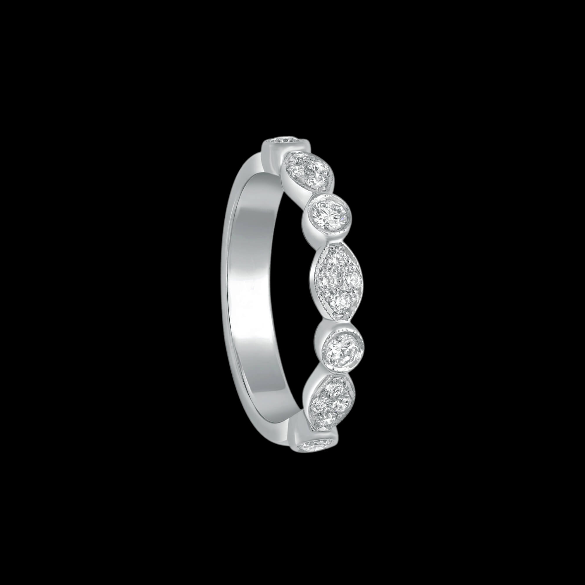 Custom 18kt white gold wide vintage-inspired wedding band ring with diamonds. FRIDA | Fine Jewellery.