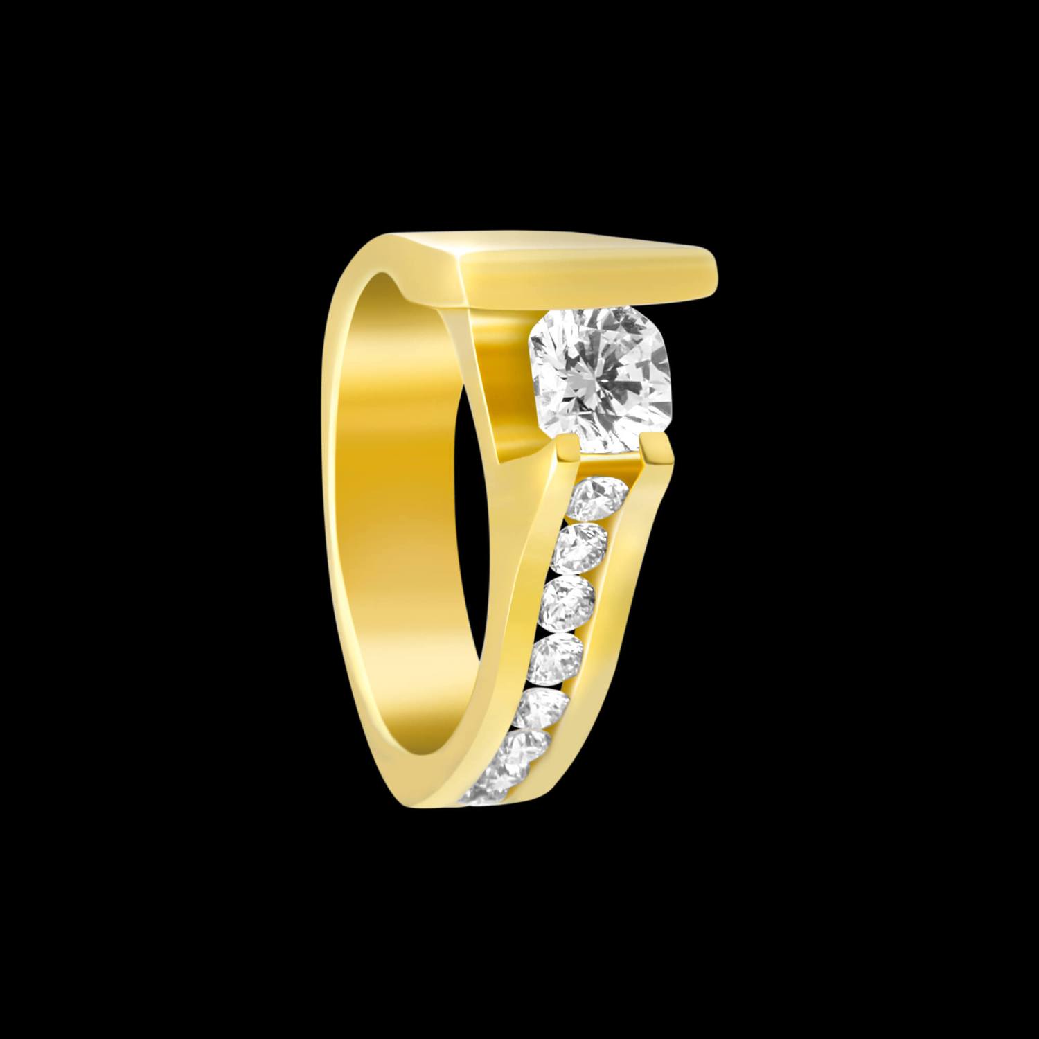 Custom 18kt yellow gold asymmetric solitaire engagement ring with brilliant-cut diamonds. FRIDA | Fine Jewellery.