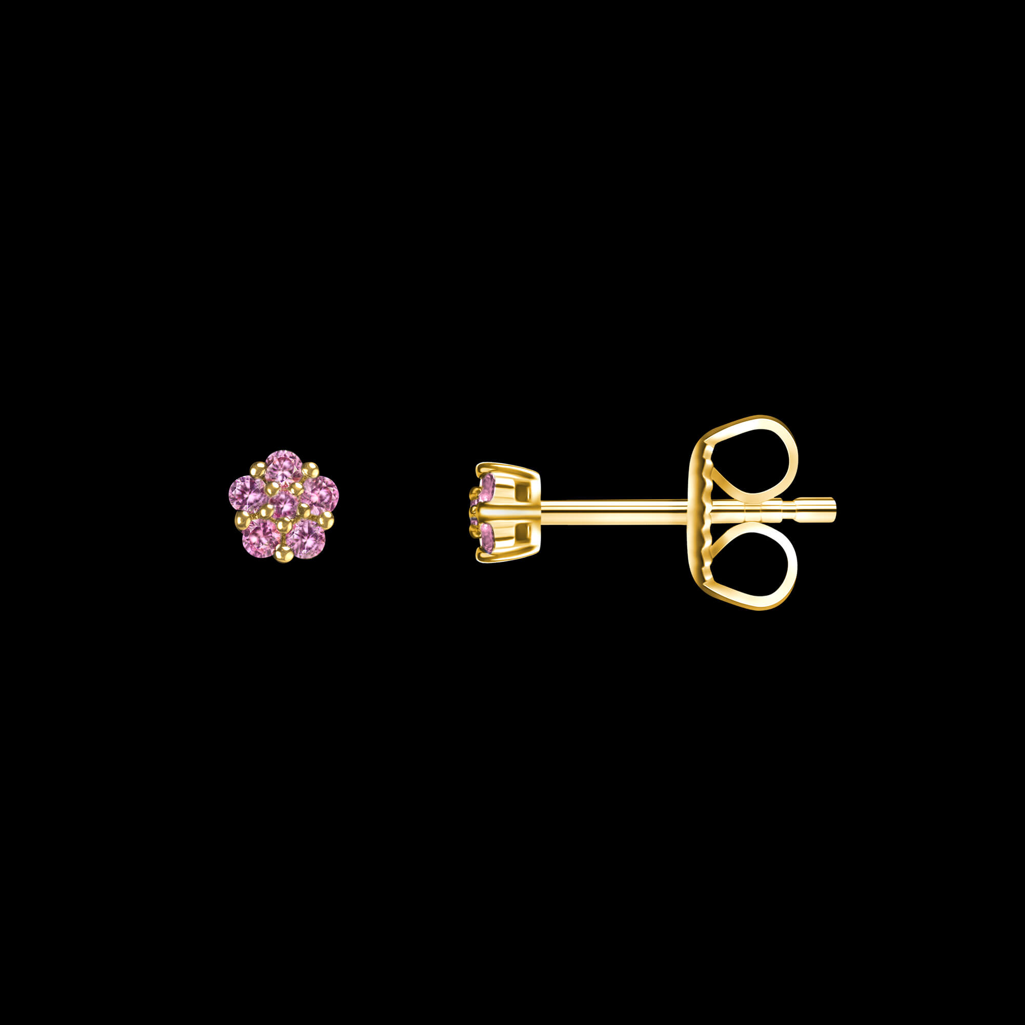 Custom 18kt yellow gold cluster stud earrings with pink sapphires. FRIDA | Fine Jewellery.