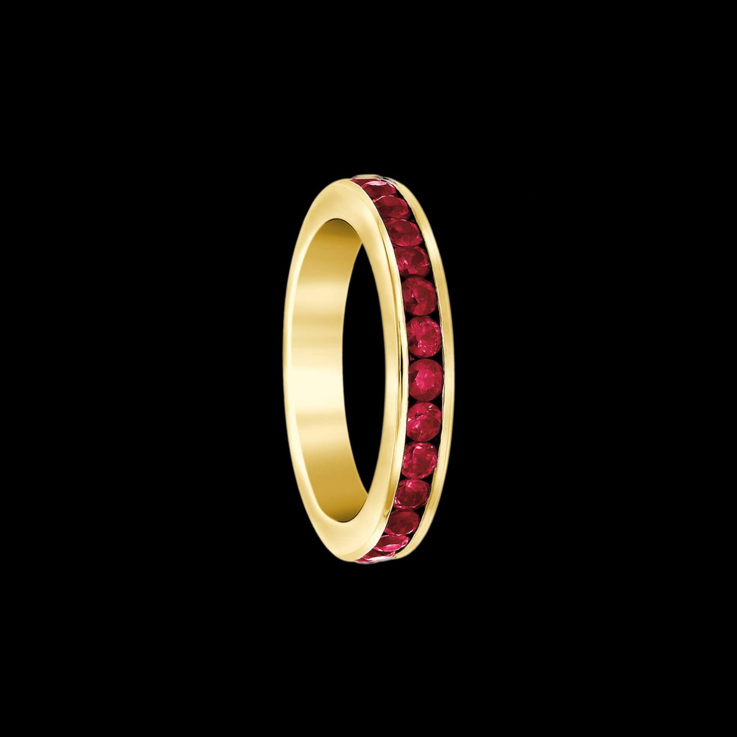 Custom 18kt yellow gold eternity wedding band ring with rubies. FRIDA | Fine Jewellery.