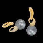 Custom 18kt yellow gold statement drop earrings with silver-grey south sea pearls and detachable pave-set diamond huggie earrings. FRIDA | Fine Jewellery.