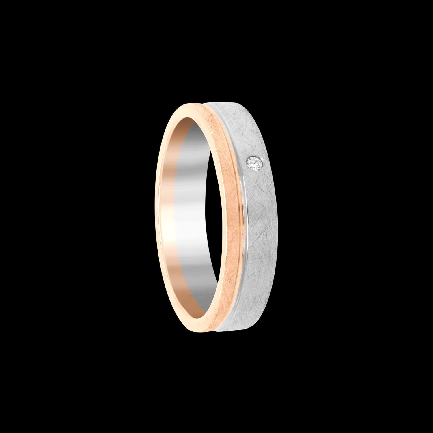Custom hand-textured 18kt pink and white gold 7mm men's wedding band with an accent diamond | Engagement. FRIDA | Fine Jewellery.