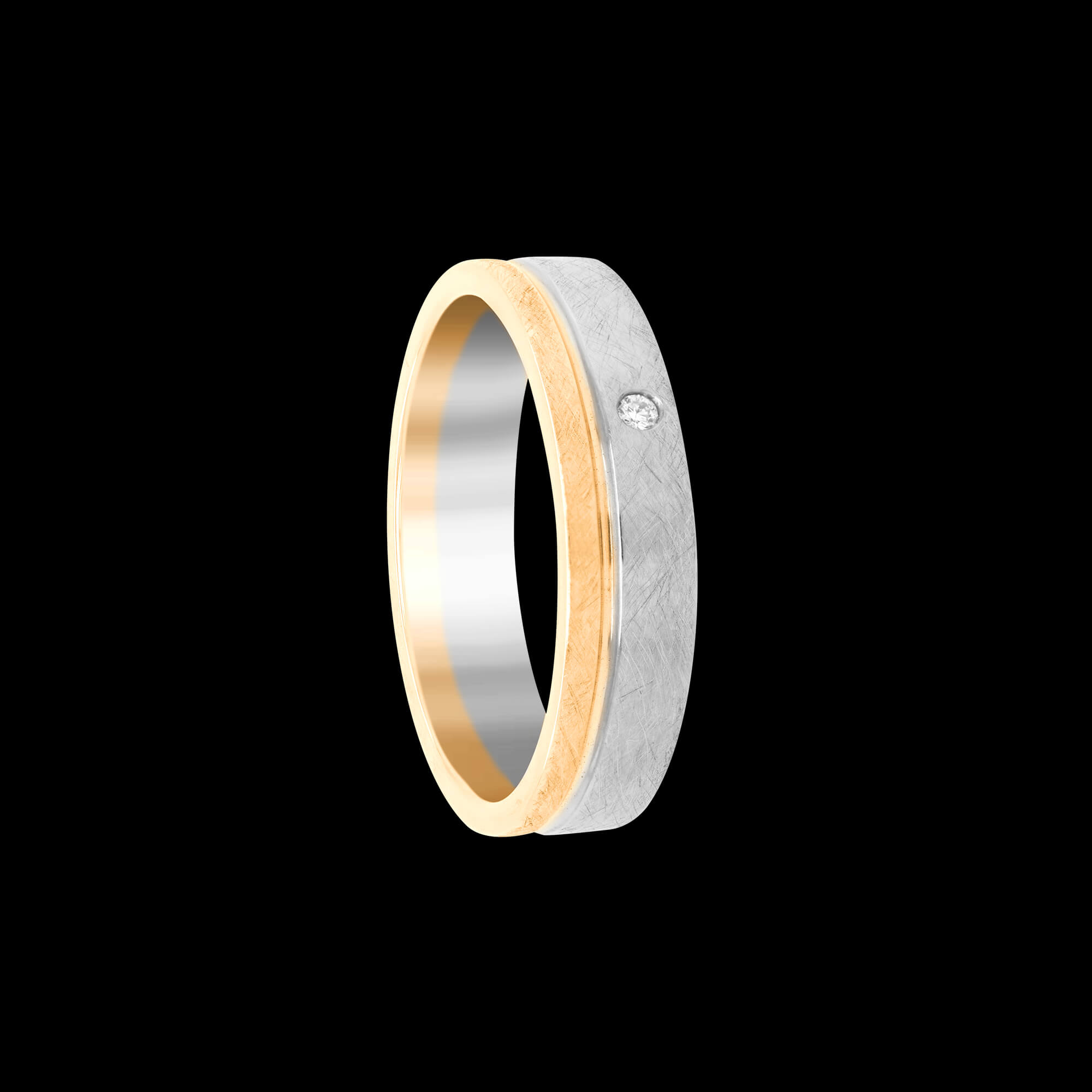 Custom hand-textured 18kt yellow and white gold 7mm men's wedding band with an accent diamond | Engagement. FRIDA | Fine Jewellery.