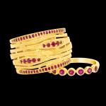 Custom ring in pickled-textured 18kt yellow gold with round-faceted rubies and stacking ring. FRIDA | Fine Jewellery.