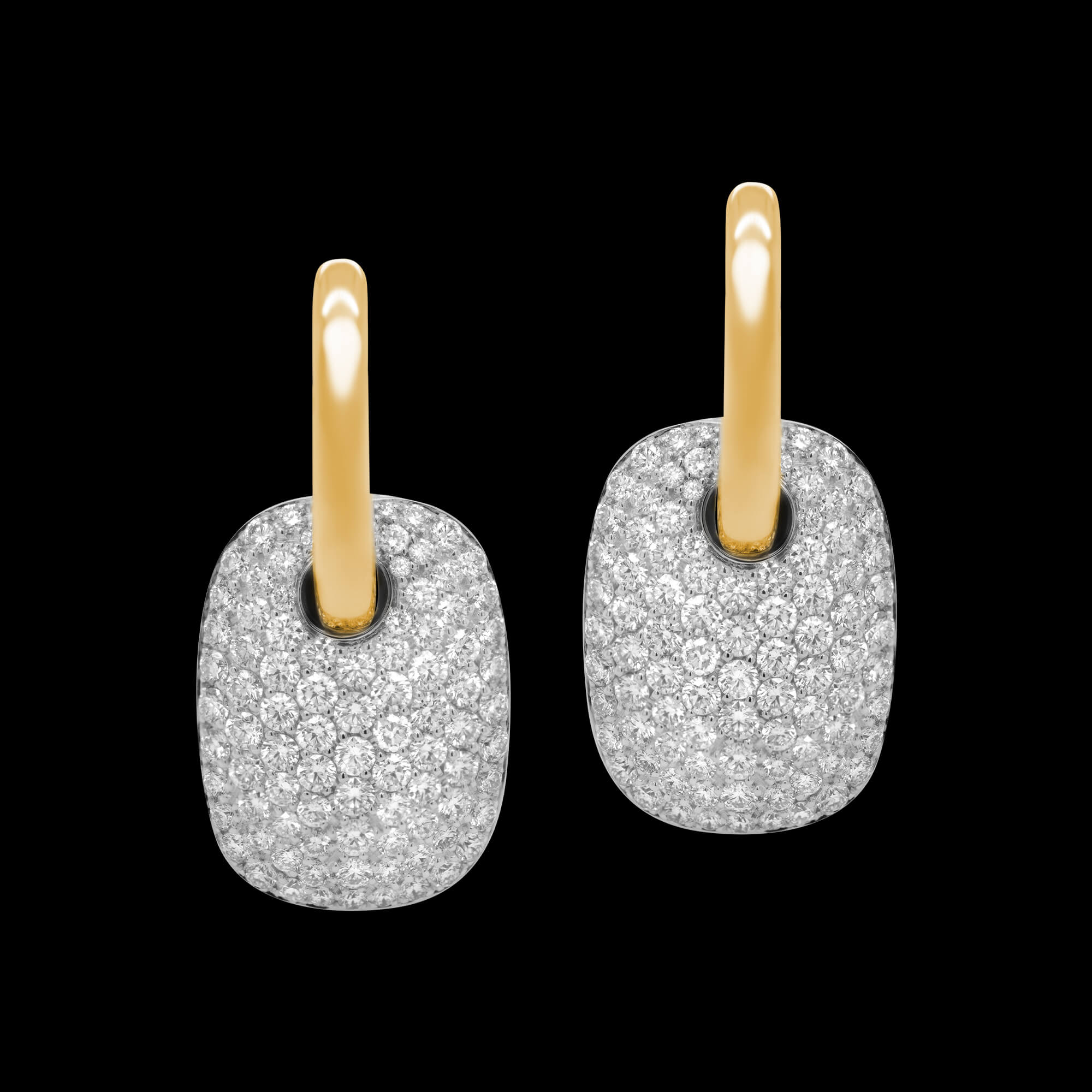 Custom 18kt yellow and white gold tag earrings with pave-set diamonds. FRIDA | Fine Jewellery.