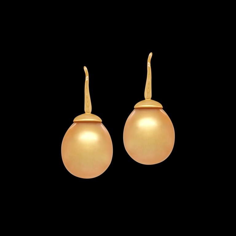 Custom 18kt yellow gold drop earrings with golden South Sea pearls. FRIDA | Fine Jewellery.