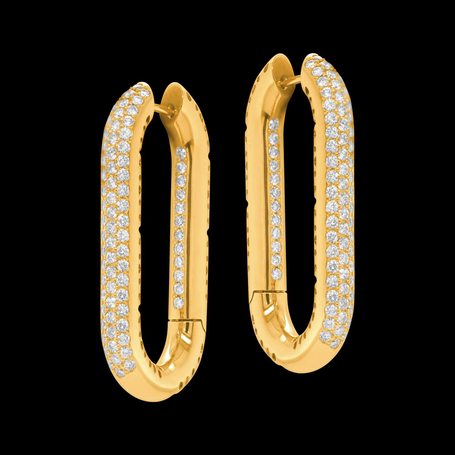 Custom 18kt yellow rounded-square oval hoop earrings with pave diamonds. FRIDA | Fine Jewellery.