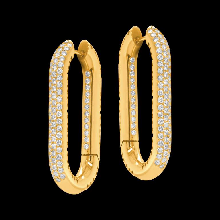 Custom 18kt yellow rounded-square oval hoop earrings with pave diamonds. FRIDA | Fine Jewellery.