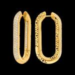Custom 18kt yellow rounded-square oval hoop earrings with pave diamonds. Side. FRIDA | Fine Jewellery.