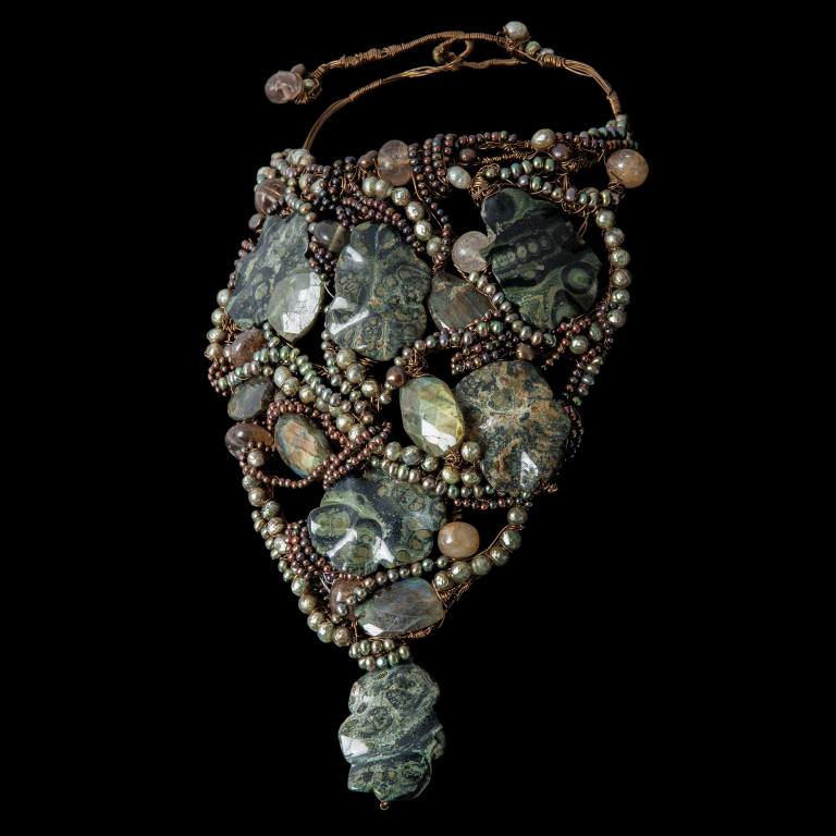 Custom hand-woven Forest neck sculpture with pearls, labradorite, and gemstones | Caribou Collection. FRIDA | Fine Jewellery..