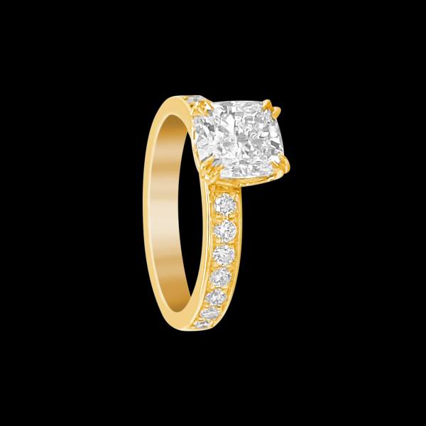 Bespoke 18kt yellow gold solitaire engagement ring with a 1.5ct cushion-cut diamond with a diamond shank | Classic Engagement. FRIDA | Fine Jewellery.