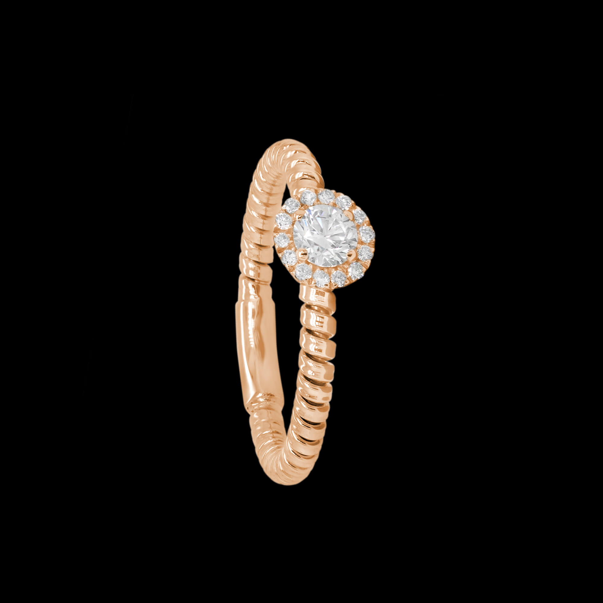 Custom 18kt pink gold diamond halo engagement ring with a cable shank | Classic. FRIDA | Fine Jewellery.