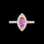 Custom 18kt pink gold engagement ring with a marquise-cut pink sapphire and a halo of diamonds. Front | Classic. FRIDA | Fine Jewellery.