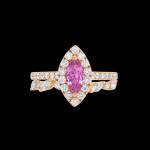 Custom 18kt pink gold engagement ring with a marquise-cut pink sapphire and a halo of diamonds | Classic. FRIDA | Fine Jewellery.