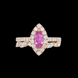 Custom 18kt pink gold engagement ring with a marquise-cut pink sapphire and a halo of diamonds | Classic. FRIDA | Fine Jewellery.