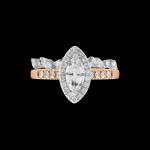 Custom 18kt pink gold halo engagement ring with a marquise diamond with a diamond halo and shank with wedding band | Classic. FRIDA | Fine Jewellery.