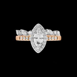 Custom 18kt pink gold halo engagement ring with a marquise diamond with a diamond halo and shank with wedding band | Classic. FRIDA | Fine Jewellery.