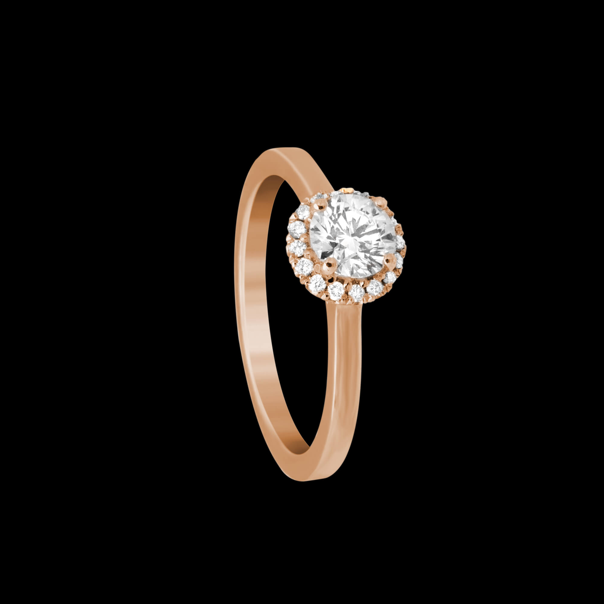 Custom 18kt pink gold halo engagement ring with a round diamond | Classic. FRIDA | Fine Jewellery.