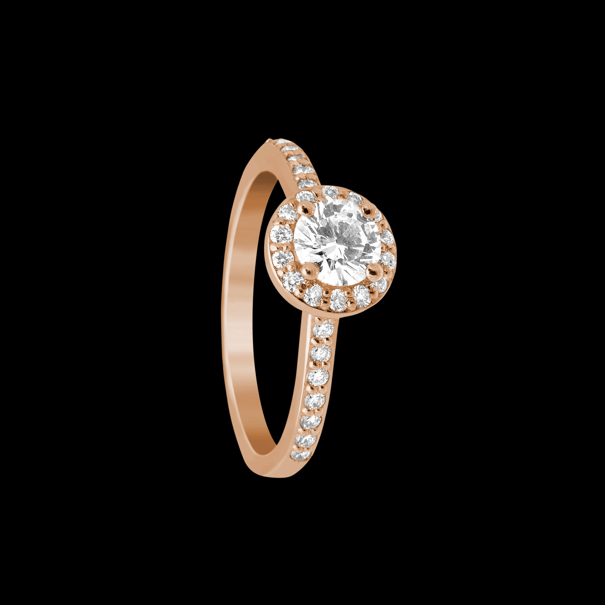 Custom 18kt pink gold halo engagement ring with a round diamond and diamond shank | Classic. FRIDA | Fine Jewellery.