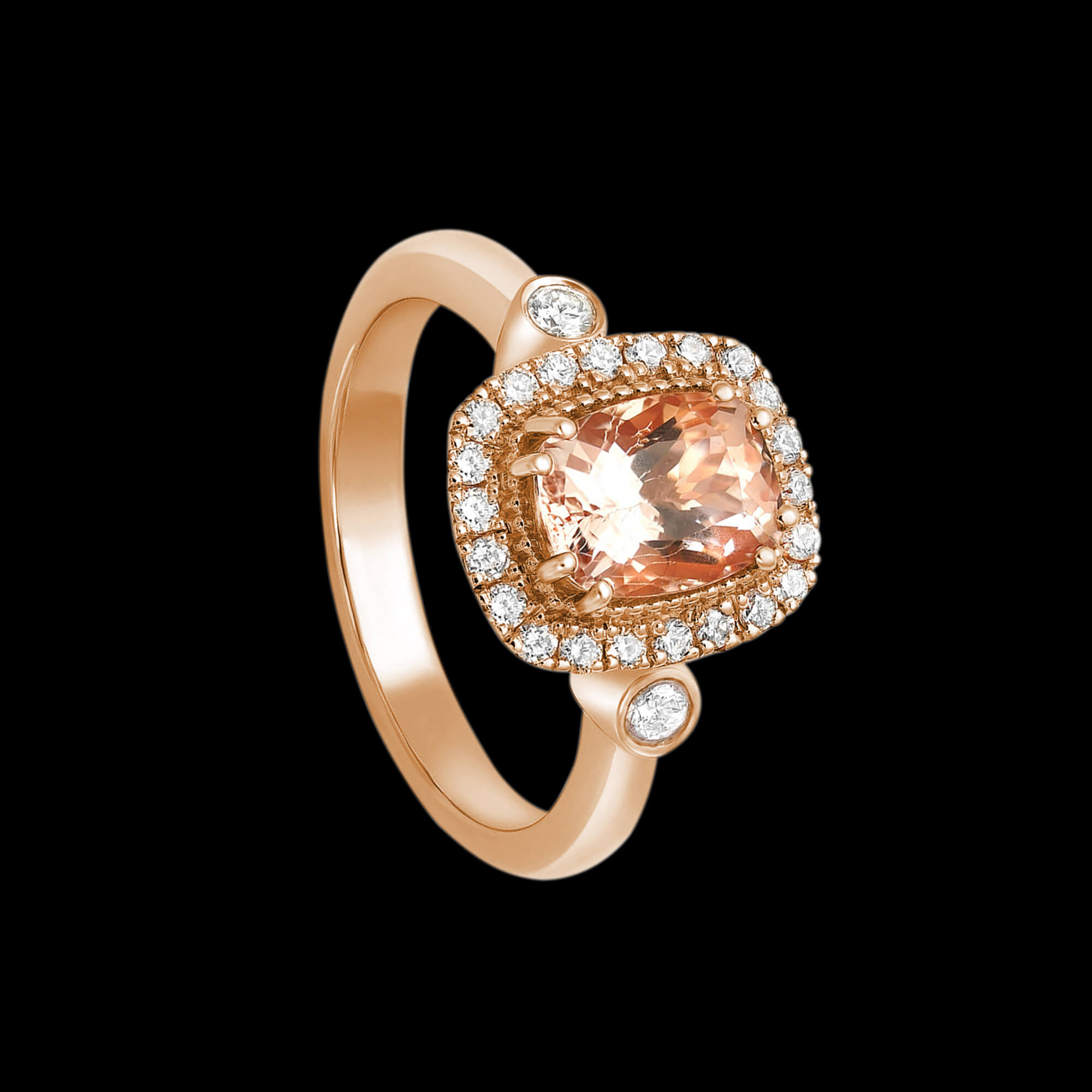 Custom 18kt pink gold halo engagement ring with an elongated cushion-cut morganite engagement ring | Classic. FRIDA | Fine Jewellery.