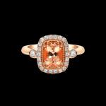 Custom 18kt pink gold halo engagement ring with an elongated cushion-cut morganite engagement ring. Front | Classic. FRIDA | Fine Jewellery.
