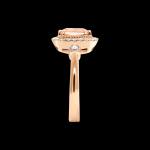 Custom 18kt pink gold halo engagement ring with an elongated cushion-cut morganite engagement ring. Side | Classic. FRIDA | Fine Jewellery.