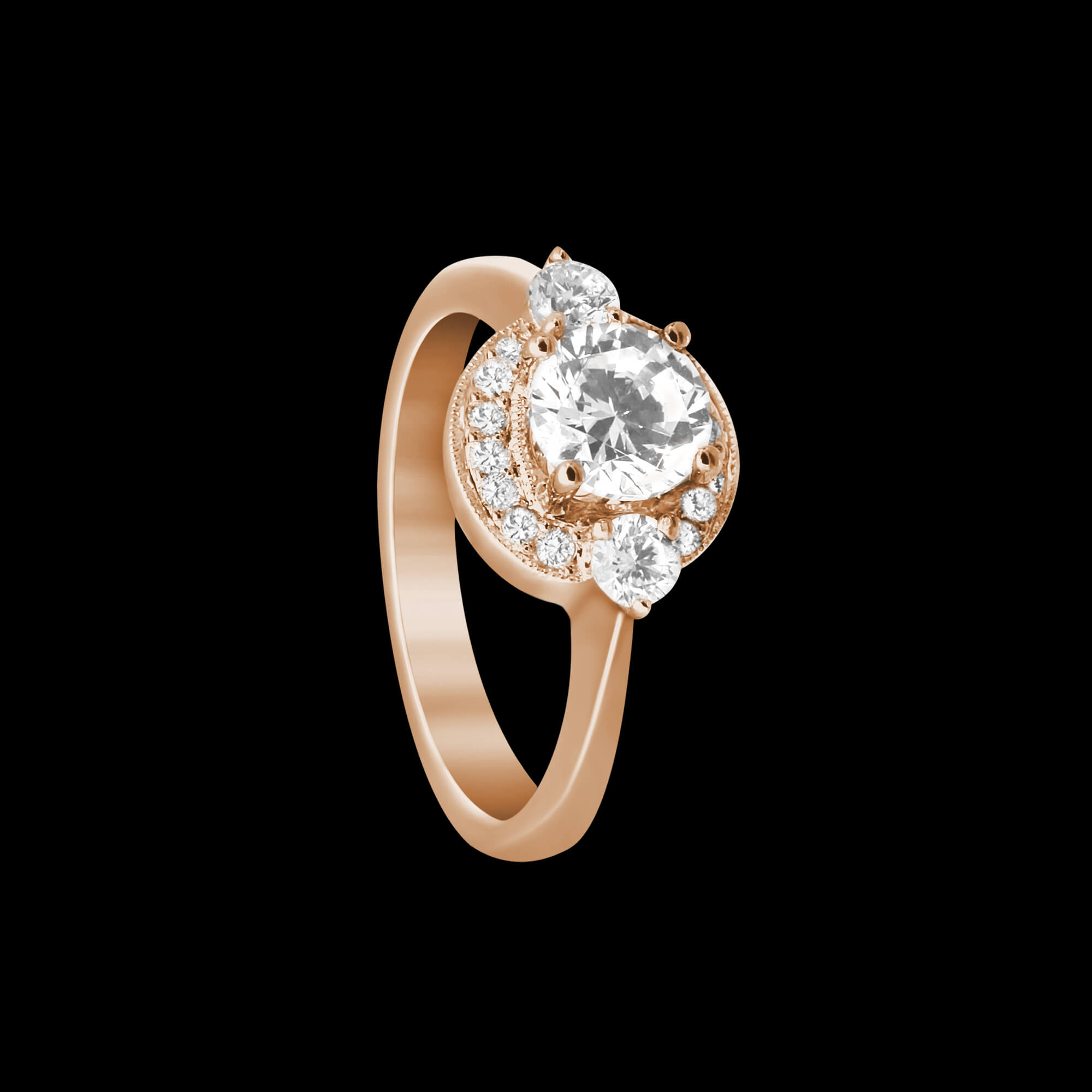 Custom 18kt pink gold three stone halo Rania engagement ring with round diamonds | Classic. FRIDA | Fine Jewellery.