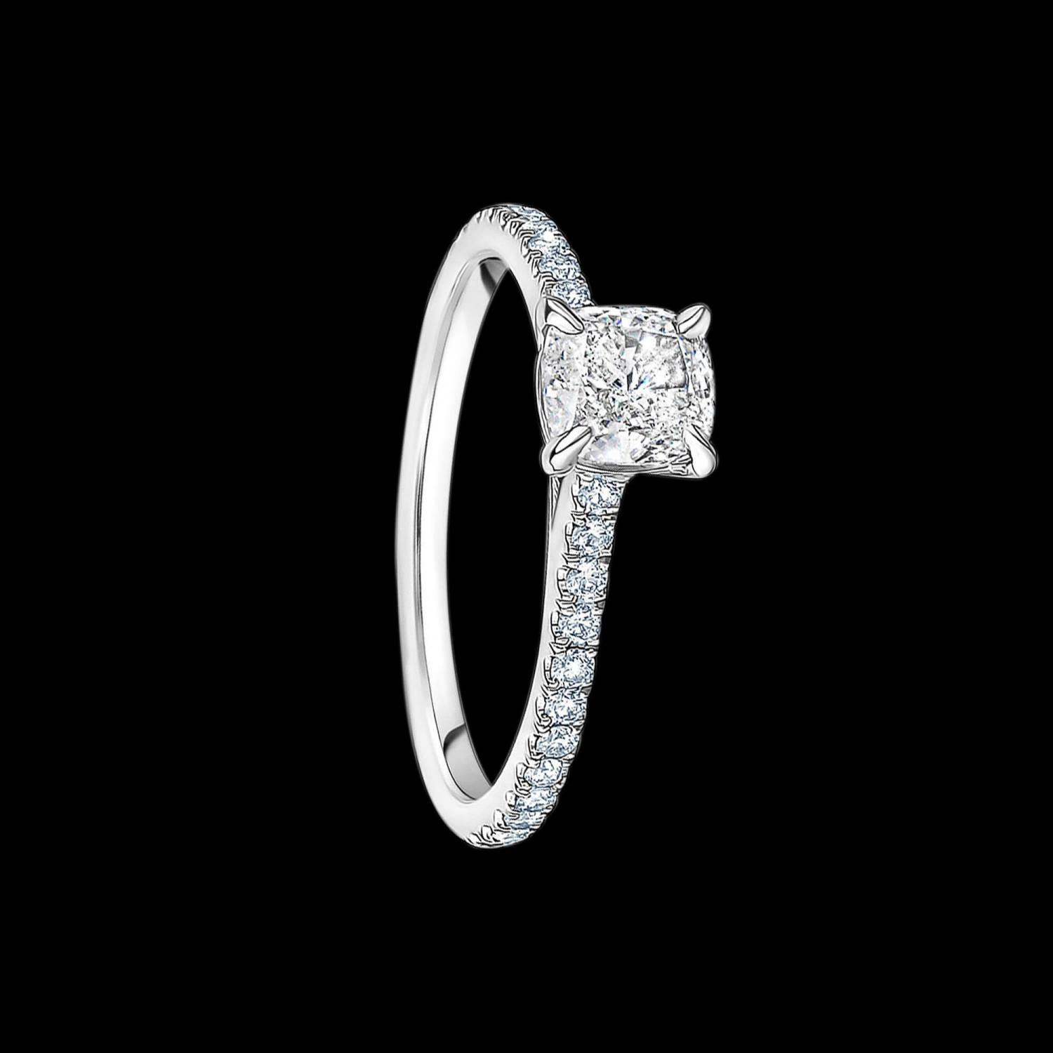 Custom 18kt white gold engagement ring with a cushion centre diamond and pave-set diamonds | Classic. FRIDA | Fine Jewellery.
