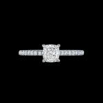 Custom 18kt white gold engagement ring with a cushion centre diamond and pave-set diamonds. Front | Classic. FRIDA | Fine Jewellery.