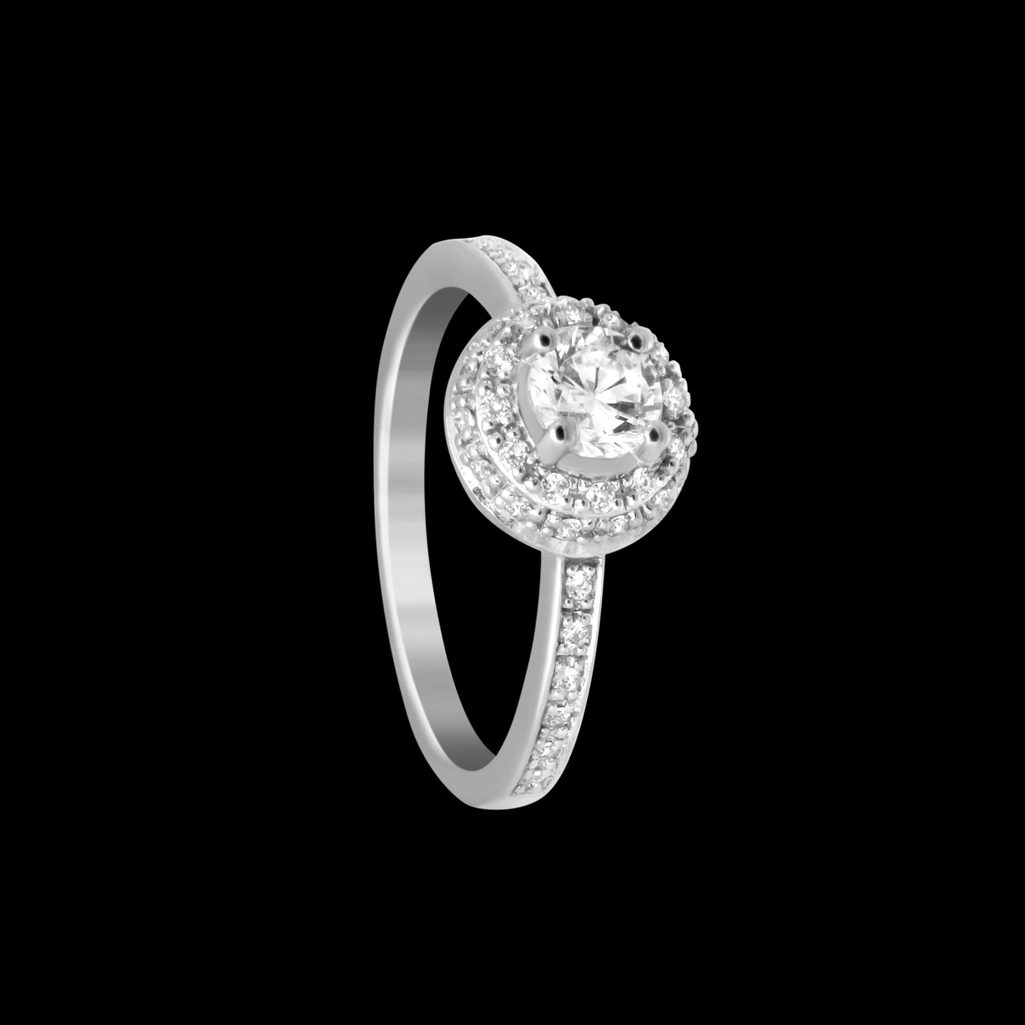 Custom 18kt white gold engagement ring with a round diamond double halo | Classic. FRIDA | Fine Jewellery.