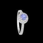 Custom 18kt white gold engagement ring with a violet sapphire and white diamond double halo | Classic. FRIDA | Fine Jewellery.
