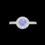 Custom 18kt white gold engagement ring with a violet sapphire and white diamond double halo. Frony | Classic. FRIDA | Fine Jewellery.